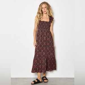 APRICOT 🍑- Folk Floral Metallic Midi Dress - Black and Red